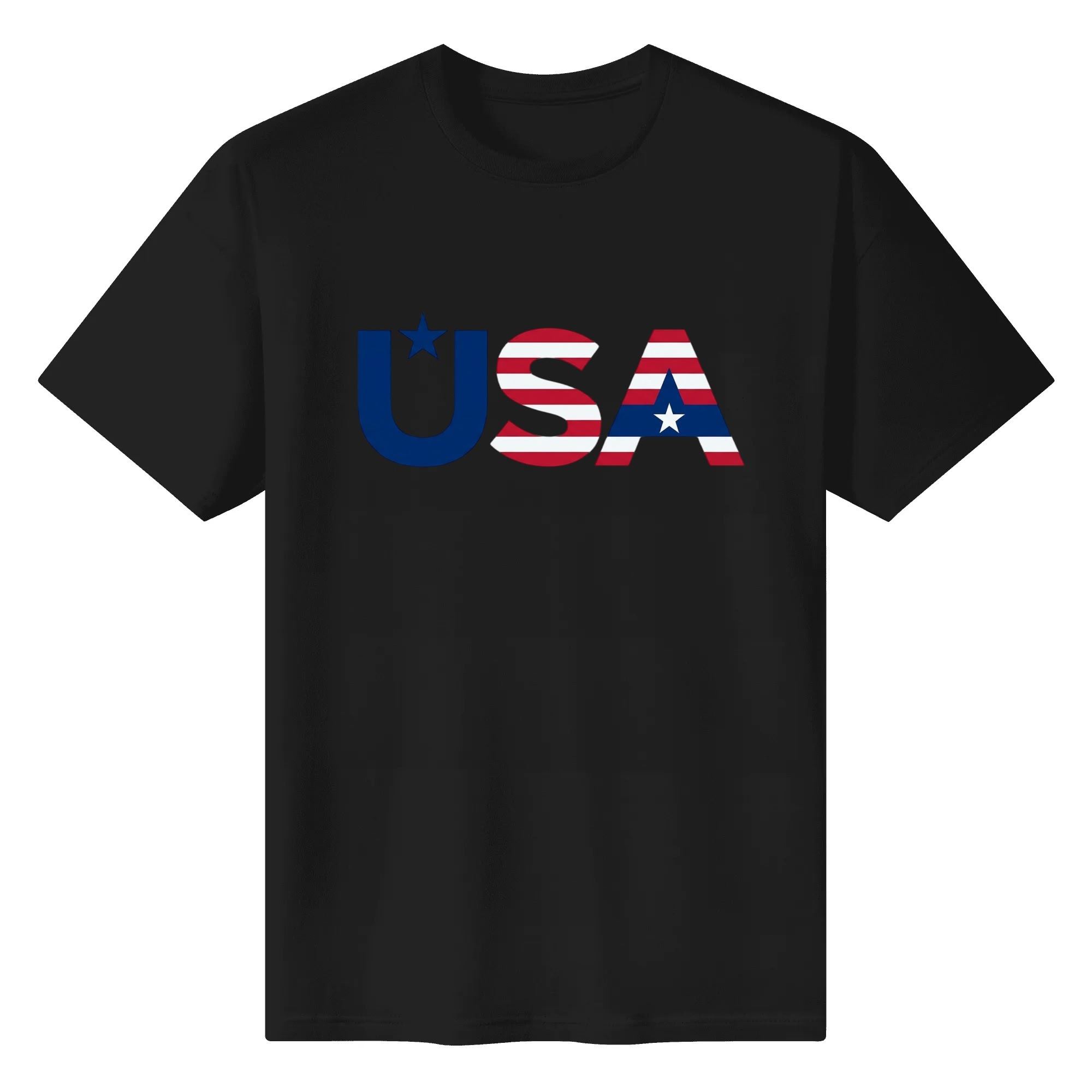 Flat lay of black casual tee with identical minimal USA flag letter print on dark fabric background.