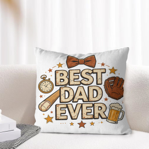 "Best Dad Ever" pillow cover styled on a light-toned living room sofa, showcasing the classic dad-themed graphic as cozy Father’s Day home decor.