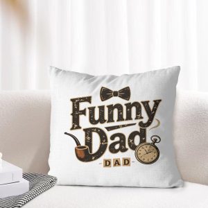 Retro "Funny Dad" throw pillow cover styled on a light-toned living room sofa, showcasing the classic dad-themed graphic as cozy Father’s Day home decor.