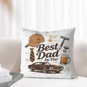 "Best Dad by Par" pillow cover styled on a light-toned living room sofa, showcasing the classic dad-themed graphic as cozy Father’s Day home decor.