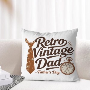 "Retro Vintage Dad" pillow cover styled on a light-toned living room sofa, showcasing the classic dad-themed graphic as cozy Father’s Day home decor.