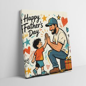 Happy Father’s Day canvas wall art, cartoon illustration of a bearded dad high‑fiving his young son, decorated with colorful hearts, stars, gift box and hand‑lettered text.