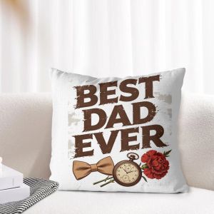 "Best Dad Ever" pillow cover styled on a light-toned living room sofa, showcasing the classic dad-themed graphic as cozy Father’s Day home decor.