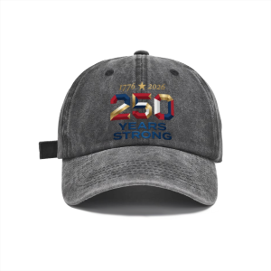 Washed black baseball cap featuring the "1776-2026 250 Years Strong" patriotic design, showcasing the vintage-style print on the front.