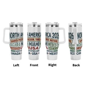 40oz tumbler multi-view display, showing "North America 2026" print from front/left/right/back, with retro typography celebrating the three nations tournament.