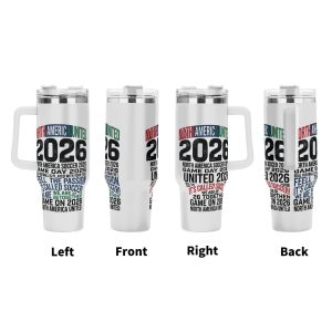 Tumbler multi-view display (left/front/right/back), showing the full wrap-around "North America United 2026" print with stacked text and retro distressed lettering.