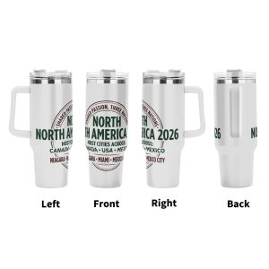 Tumbler multi-view display (left/front/right/back), showing the full-wrap circular "North America 2026" print with "Three Nations" and host city text.