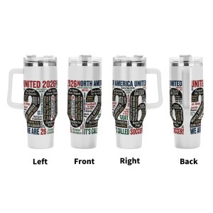 Tumbler multi-view display (left/front/right/back), showing the full-wrap "2026" word cloud print with phrases like "It’s Called Soccer!" and "North America United".