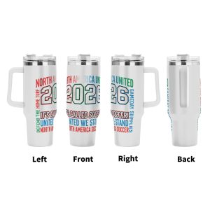 Tumbler multi-view display (left/front/right/back), showing the full-wrap "North America United 2026" print with phrases like "It’s Called Soccer!" and "United We Stand".