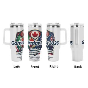 Tumbler multi-view display (left/front/right/back), showing the full-wrap "Gameday 2026" tournament crest print with country flags and the "United Global Celebration" slogan.
