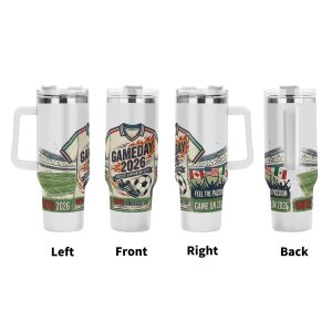 Tumbler multi-view display (left/front/right/back), showing the full-wrap vintage-style "Gameday 2026" print with jersey, soccer ball, stadium, and three-nation flags.