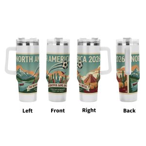 Tumbler multi-view display (left/front/right/back), showing the full-wrap vintage travel-poster print with "The Beautiful Game. United." slogan and tournament host country landmarks.