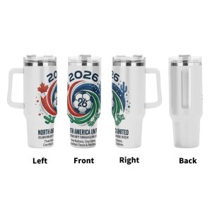 Tumbler multi-view display (left/front/right/back), showing the full-wrap "2026 North America United" print with swirling color bands and the "Three Nations, One Game" slogan.