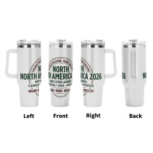 Tumbler multi-view display (left/front/right/back), showing the full-wrap circular "North America 2026" print with host city names and tournament text.
