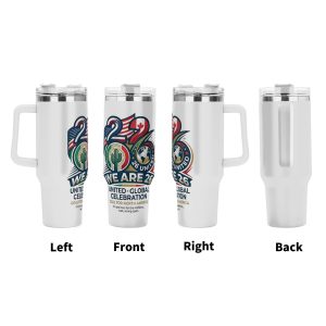 Four views (left, front, right, back) of the tumbler, showcasing the full "WE ARE 26" crest print with phrases like "United. Global. Celebration." and "I'm just here for the Halftime... wait, wrong sport.".