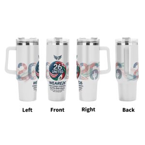 Four views (left, front, right, back) of the tumbler, showcasing the full print with "26 UNITED" crest, "WEARE26", "United. Global. Celebration.", and "I'm just here for the Halftime... wait, wrong sport.".