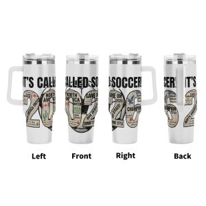 Four views (left, front, right, back) of the tumbler, showcasing the full print with "IT'S CALLED SOCCER!", "NORTH AMERICA UNITED", "GAME ON 2026", and "CHAMPION STYLE".