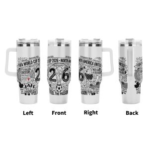 Four views (left, front, right, back) of the tumbler, showcasing the full print with "FIFA WORLD CUP 2026", "NORTH AMERICA UNITED", "FEEL THE PASSION", "RED CARDS & COLD BEER", and fan doodles.