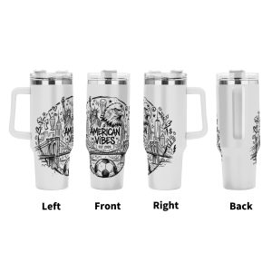 Four views (left, front, right, back) of the tumbler, showcasing the full print with "AMERICAN VIBES", "EST. 2024", New York landmarks, eagle, and soccer ball doodles.
