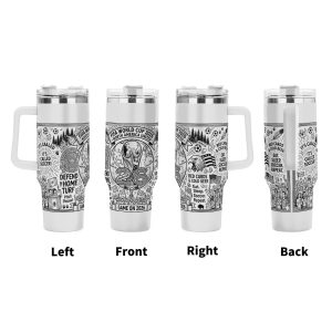 Four views (left, front, right, back) of the tumbler, showcasing the full print with "FIFA WORLD CUP 2026", "GAME ON 2026", "DEFEND THE HOME TURF", "IT'S CALLED SOCCER!", and detailed fan-themed doodles.