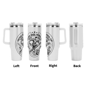 Four views (left, front, right, back) of the tumbler, showcasing the circular print with "UNITED 2026 WORLD CUP", a soccer player sketch, and motivational words like "PASSION", "SKILL", "WIN".