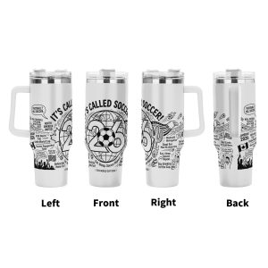 Four views (left, front, right, back) of the tumbler, showcasing the full print with "IT'S CALLED SOCCER!", "FIFA WORLD CUP 2026", "Eat. Sleep. Soccer. Repeat.", "Red Cards & Cold Beer", and playful fan-themed doodles.