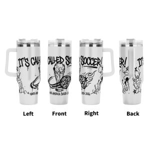 Four views (left, front, right, back) of the tumbler, showcasing the full print with "IT'S CALLED SOCCER!", "NORTH AMERICA SOCCER CUP", "2026", the World Cup trophy, and street-art doodles like flames, stars, and tags.