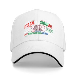 A white baseball cap showing the full print design clearly.
