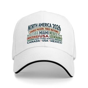 A white baseball cap showing the full "NORTH AMERICA 2026" print clearly.
