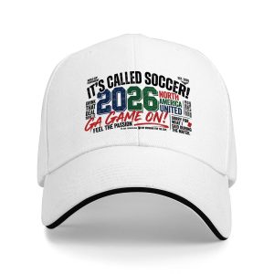 A white baseball cap showing the full "IT'S CALLED SOCCER!" print clearly.