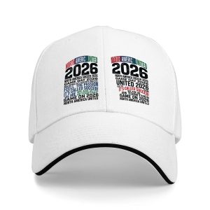 A white baseball cap showing the full dual-print design clearly.