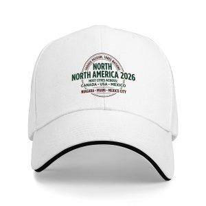 A white baseball cap showing the full "NORTH AMERICA 2026" print clearly.