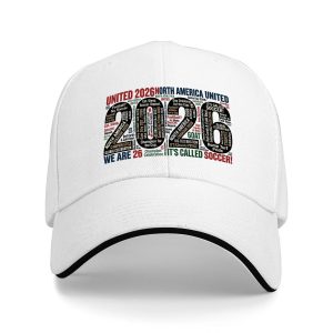 A white baseball cap showing the full "2026" word-art print clearly.