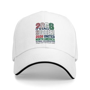 A white baseball cap showing the full stacked print design clearly.