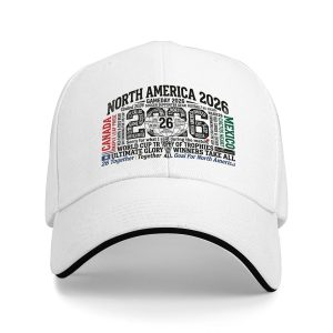 A white baseball cap showing the full print design clearly.
