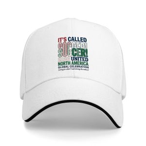 A white baseball cap showing the full print design clearly.