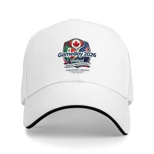 A white baseball cap showing the full emblem print design clearly.