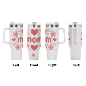 Four views (left, front, right, back) of the tumbler, showing the full wrap-around "mom" design with pink flowers, hearts, and "I ❤️ U" text.