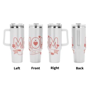 Four views (left, front, right, back) of the tumbler, showing the full wrap-around "MOM" design with hearts, flowers, and the "I LOVE YOU" banner.