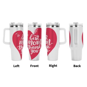 Four views (left, front, right, back) of the tumbler, showing the full wrap-around red heart design with the "best mom thank you" text.