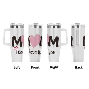 Four views (left, front, right, back) of the tumbler, showing the full wrap-around "MOM" design with the pink heart and "I Love You" text.
