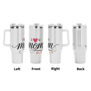 Four views (left, front, right, back) of the tumbler, showing the full wrap-around "I ❤️ U mom" design with the pink heart, flowers, and leaves.