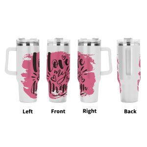 Four views (left, front, right, back) of the tumbler, showing the full wrap-around "love my mom" design with pink brushstrokes and hearts.
