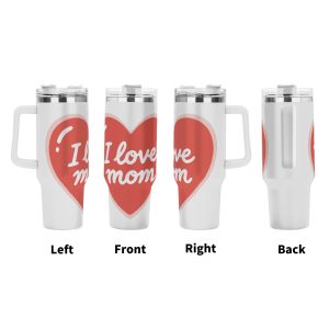 Four views (left, front, right, back) of the tumbler, showing the full wrap-around red heart design with the "I love mom" text.