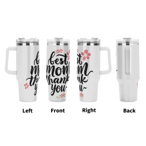 Four views (left, front, right, back) of the tumbler, showing the full wrap-around "best mom thank you" design with pink flowers.
