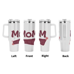 Four views (left, front, right, back) of the tumbler, showing the full wrap-around "MOM you're the best" design with maroon accents and pink hearts.