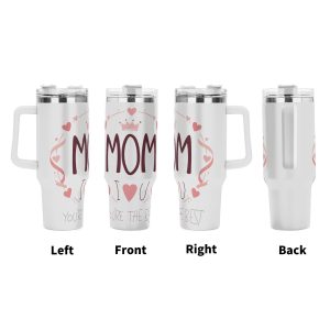 Four views (left, front, right, back) of the tumbler, showing the full wrap-around "MOM I ❤️ U you're the best" design with hearts, a crown, and pink swirls.