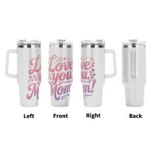 Four views (left, front, right, back) of the tumbler, showing the full wrap-around "Love you, Mom!" design with floral and swirl accents.