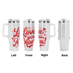 Four views (left, front, right, back) of the tumbler, showing the full wrap-around "Love you, Mom!" design with heart, star, and flower accents.