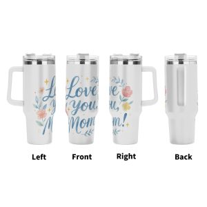 Four views (left, front, right, back) of the tumbler, showing the full wrap-around "Love you, Mom!" design with watercolor floral accents.
